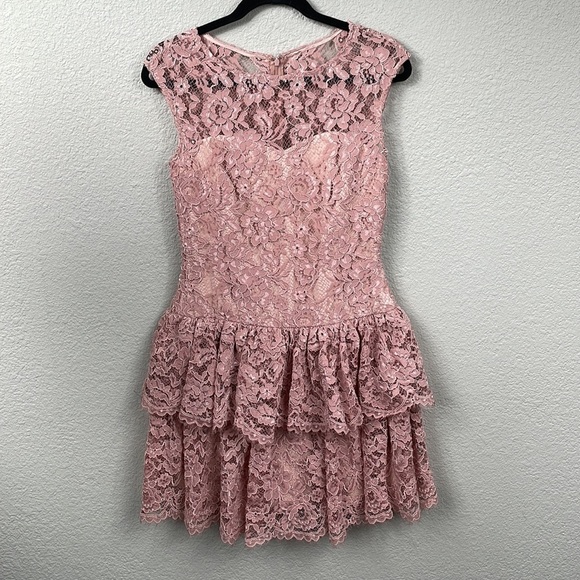 Marchesa Notte Blush Pink Lace Ruffle Tiered Mini Dress Drop Waist Sz 6 - Picture 2 of 13